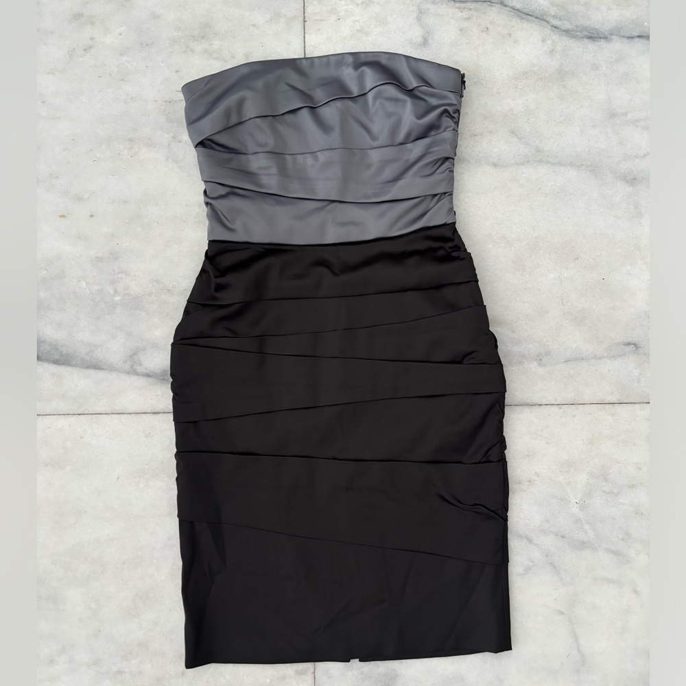 White House Black Market Dress Satin Strapless Black Gray Womens 2 Formal Office